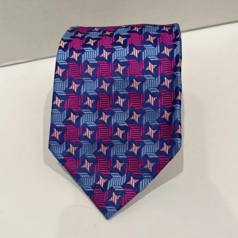DUCHAMP London DL Luxury Necktie Tie Ties Mens Unisex SILK Pink Blue‎ Geometric